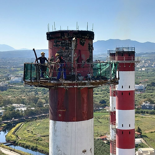 Α.Η.Σ. Λινοπεραμάτων ΔΕΗ: Επισκευή τριών καμινάδων ύψους 80 μέτρων